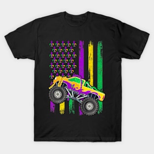 Mardi Gras Monster Truck Beads Flag Kids Boys T-Shirt